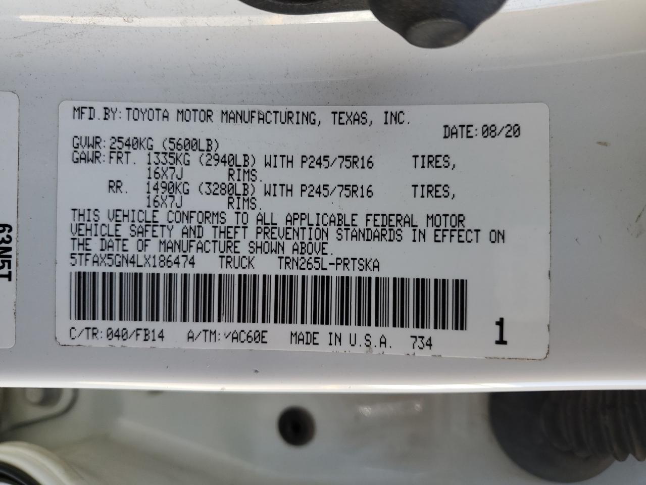 2020 Toyota Tacoma Double Cab VIN: 5TFAX5GN4LX186474 Lot: 64438755