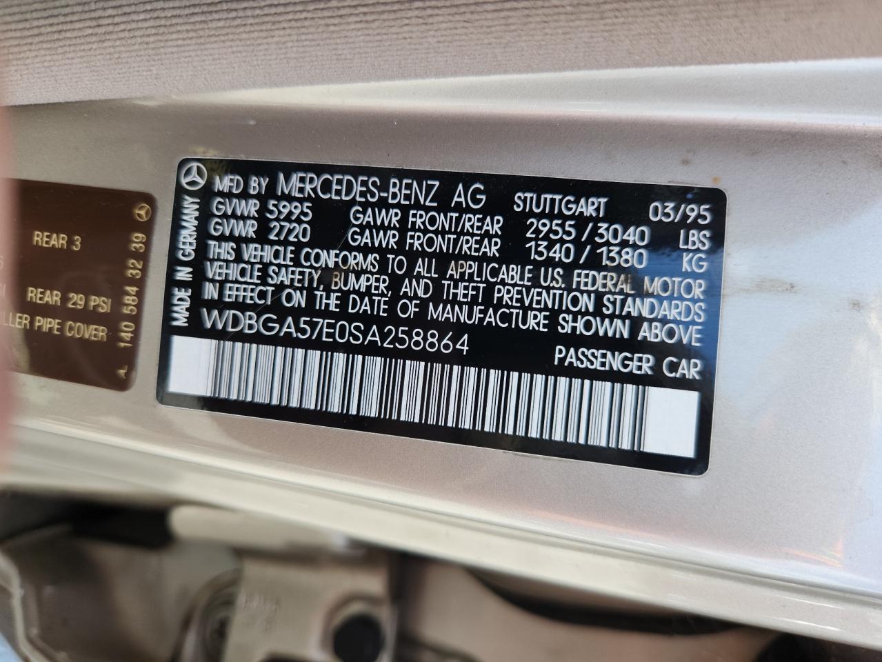 1995 Mercedes-Benz S 600 VIN: WDBGA57E0SA258864 Lot: 64513175