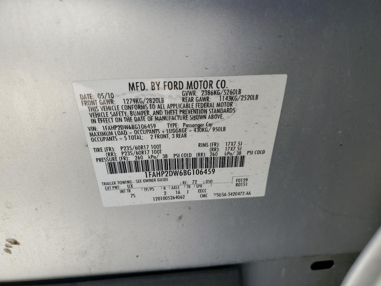 2011 Ford Taurus Se VIN: 1FAHP2DW6BG106459 Lot: 64125685