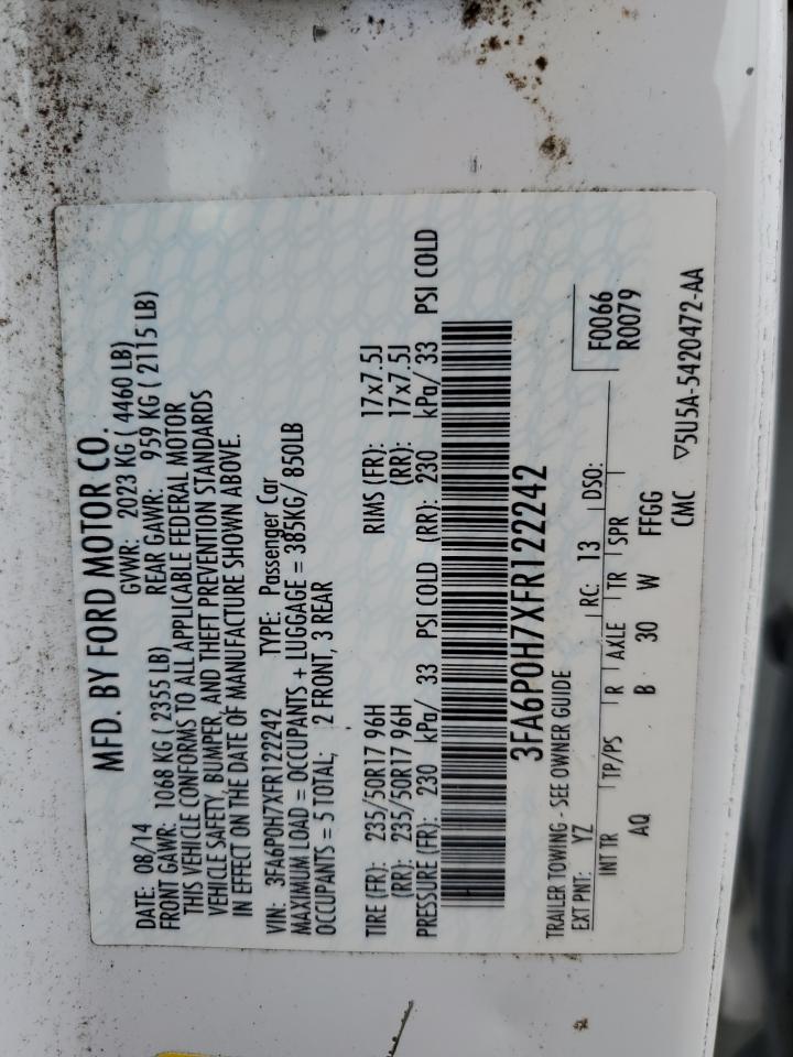 2015 Ford Fusion Se VIN: 3FA6P0H7XFR122242 Lot: 65463125