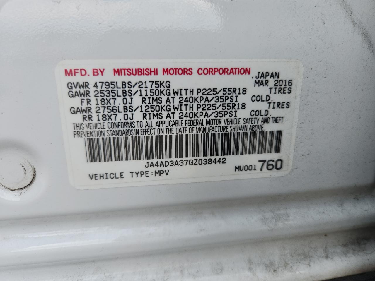 2016 Mitsubishi Outlander Se VIN: JA4AD3A37GZ038442 Lot: 63229275