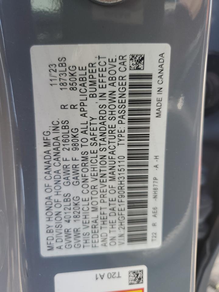 2024 Honda Civic Touring VIN: 2HGFE1F90RH315110 Lot: 66253465