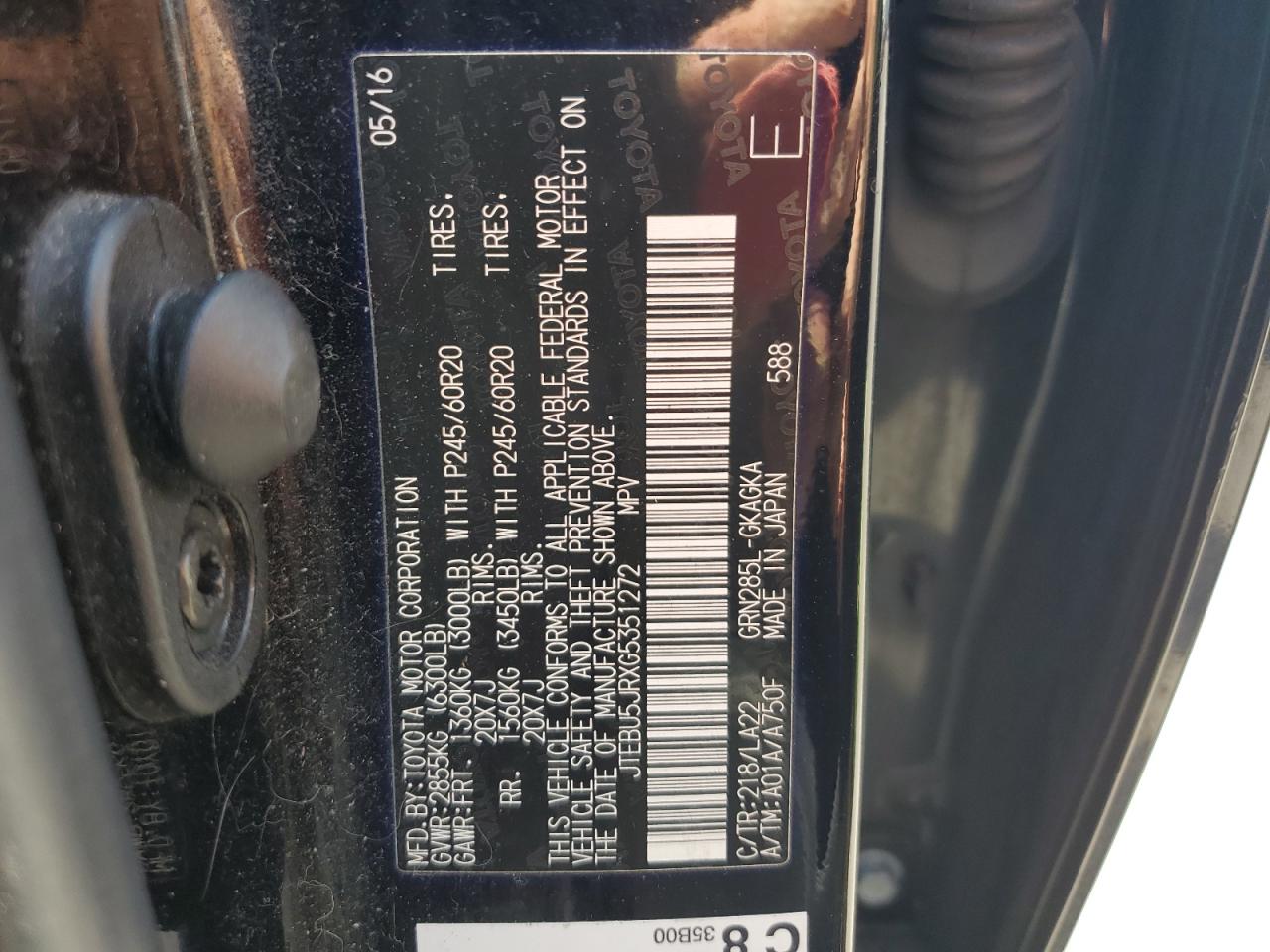 2016 Toyota 4Runner Sr5/Sr5 Premium VIN: JTEBU5JRXG5351272 Lot: 63332795