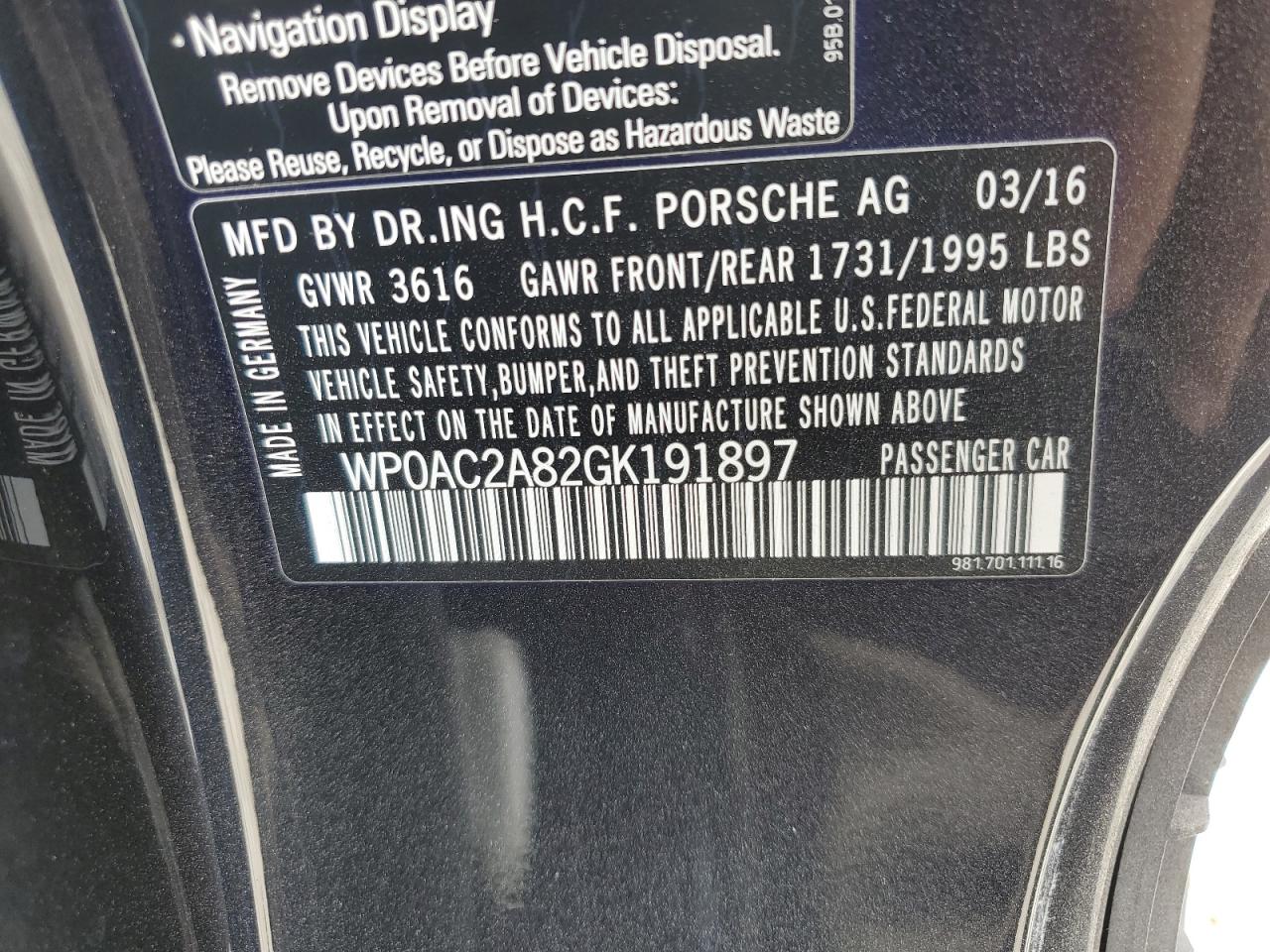 2016 Porsche Cayman Gt4 VIN: WP0AC2A82GK191897 Lot: 65318735