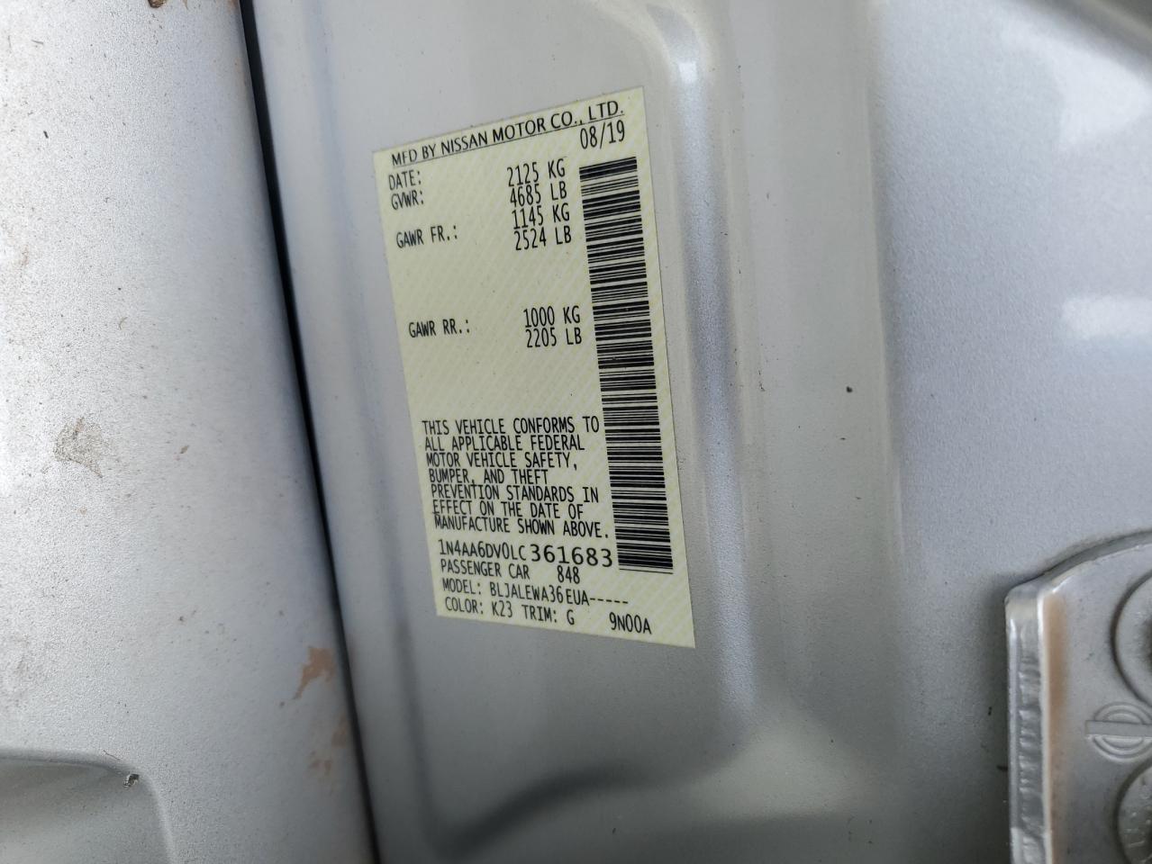 2020 Nissan Maxima Sl VIN: 1N4AA6DV0LC361683 Lot: 65153305