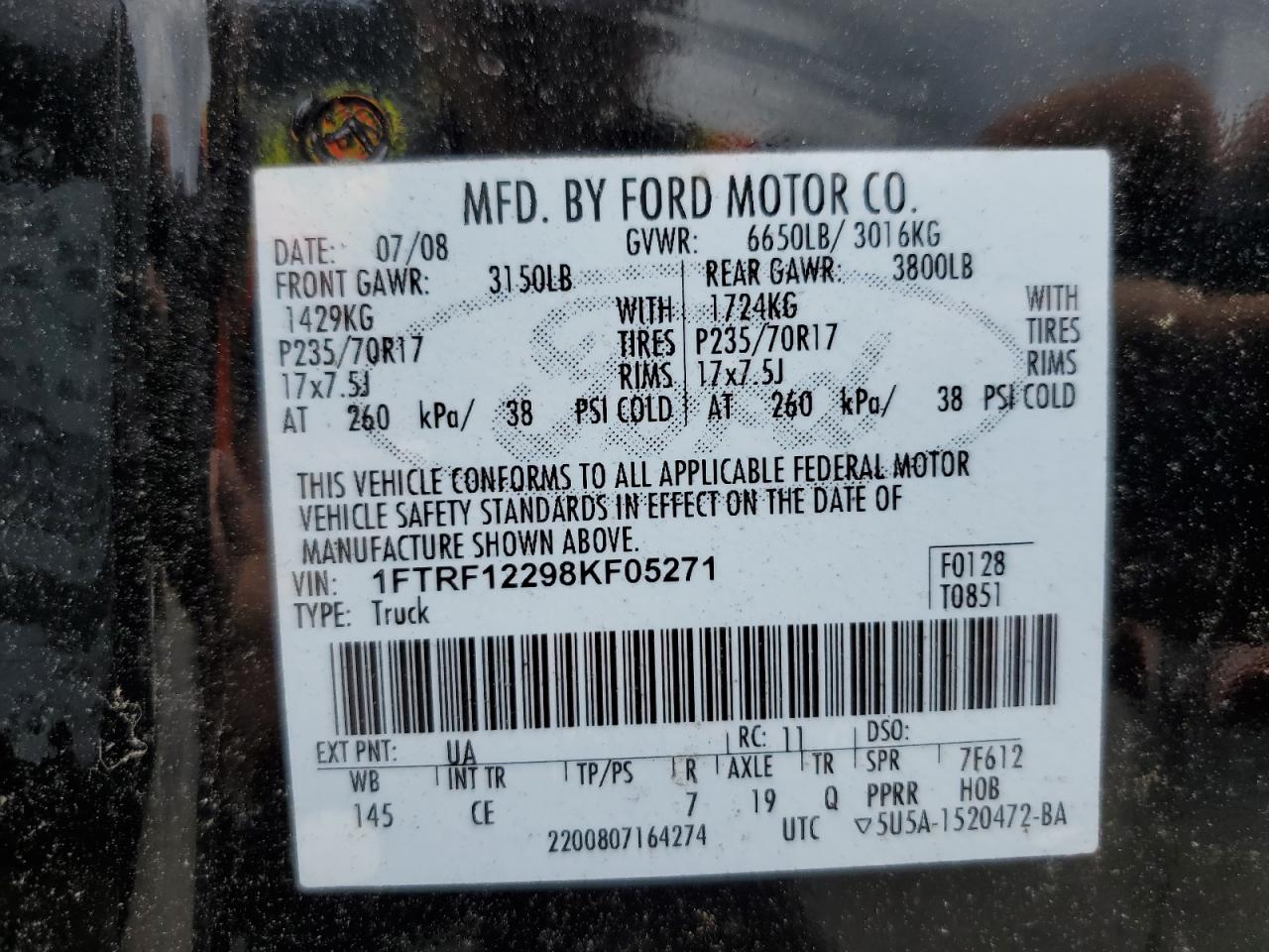 2008 Ford F150 VIN: 1FTRF12298KF05271 Lot: 64580195
