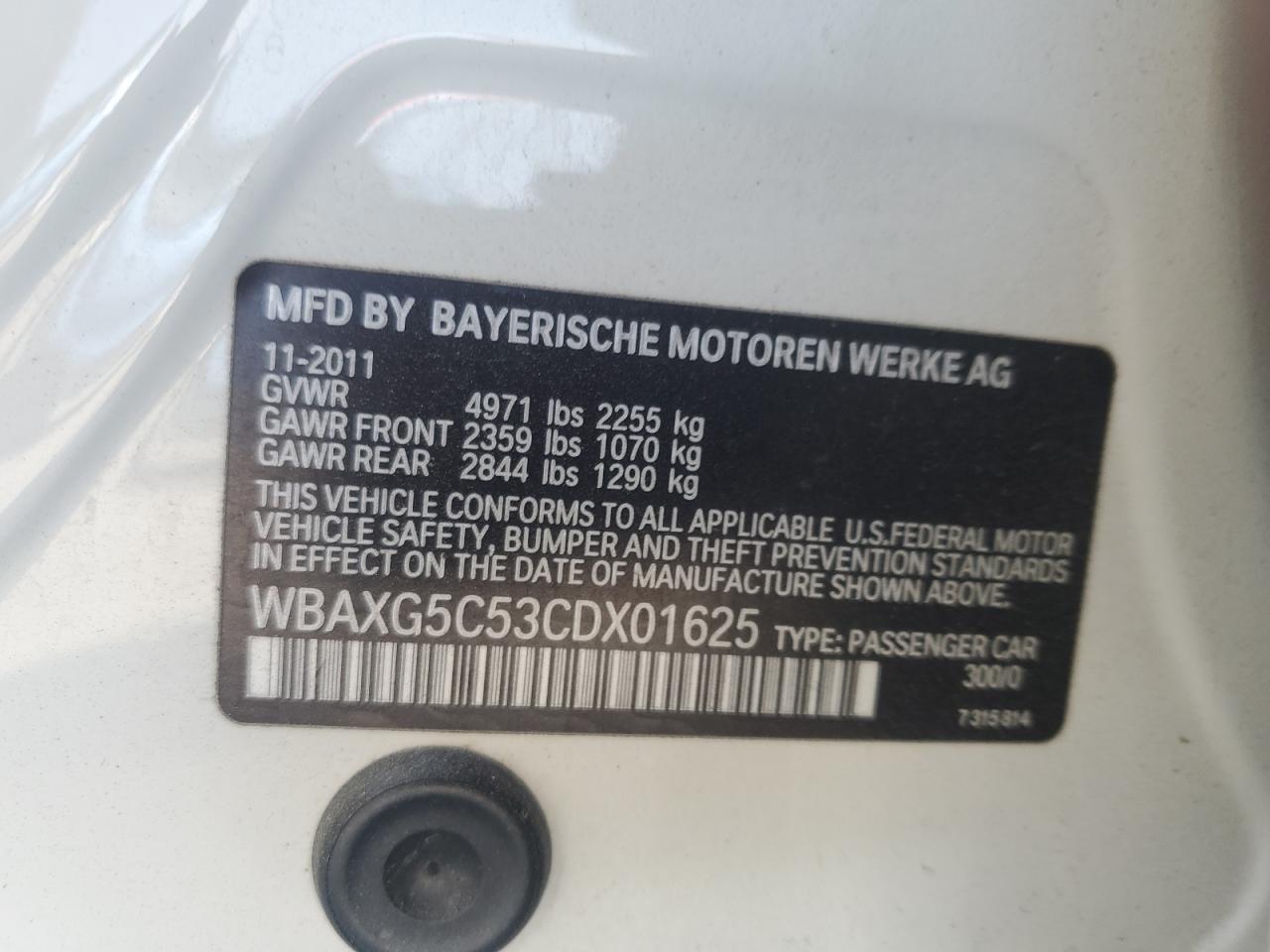 2012 BMW 528 I VIN: WBAXG5C53CDX01625 Lot: 56253075