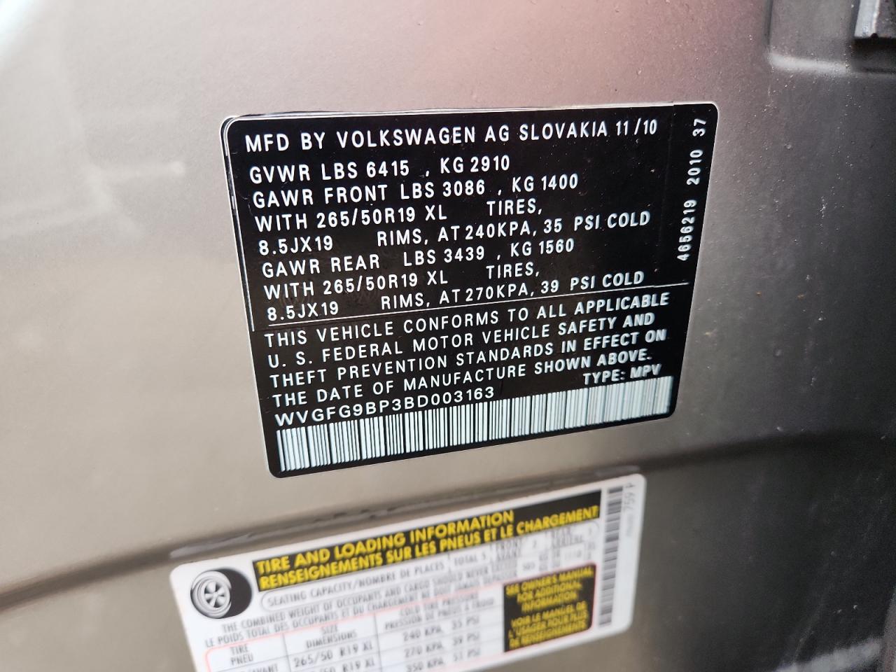 2011 Volkswagen Touareg Hybrid VIN: WVGFG9BP3BD003163 Lot: 63349305