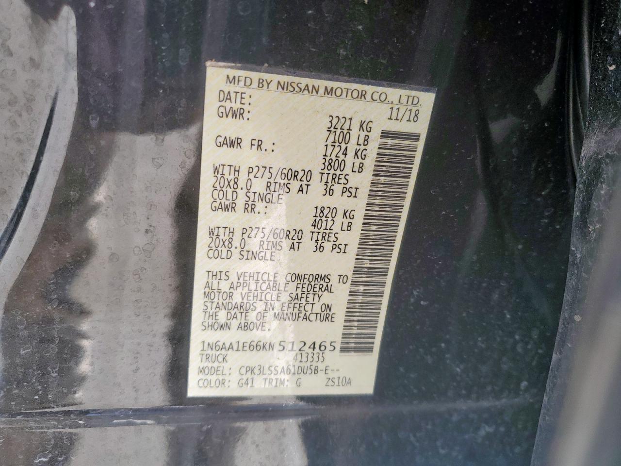 2019 Nissan Titan Platinum Reserve VIN: 1N6AA1E66KN512465 Lot: 65566235