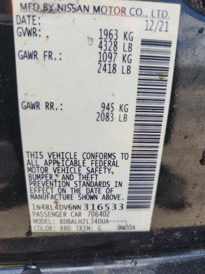 2022 Nissan Altima Sv VIN: 1N4BL4DV6NN316533 Lot: 65145795