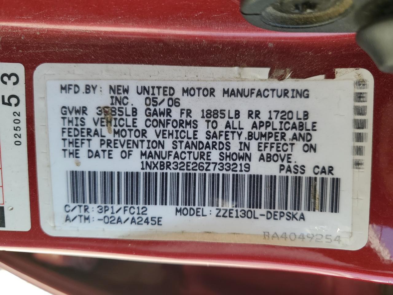 1nxbr32e26z733219 1NXBR32E26Z733219 2006 Toyota Corolla Ce