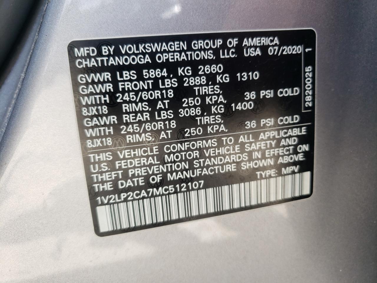 2021 Volkswagen Atlas Se VIN: 1V2LP2CA7MC512107 Lot: 64211935