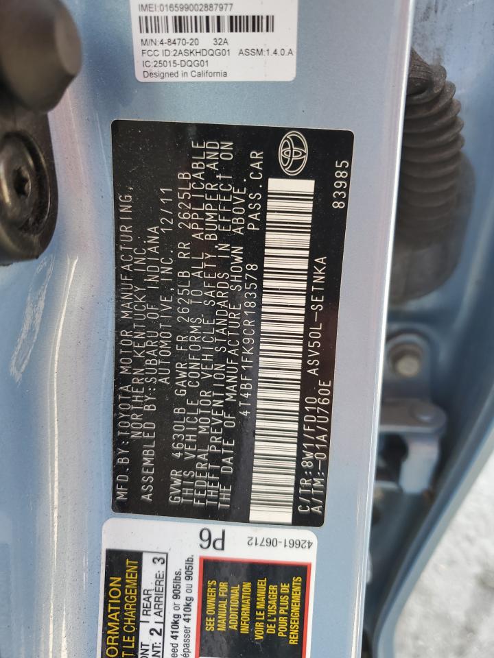 2012 Toyota Camry Base VIN: 4T4BF1FK9CR183578 Lot: 64659495