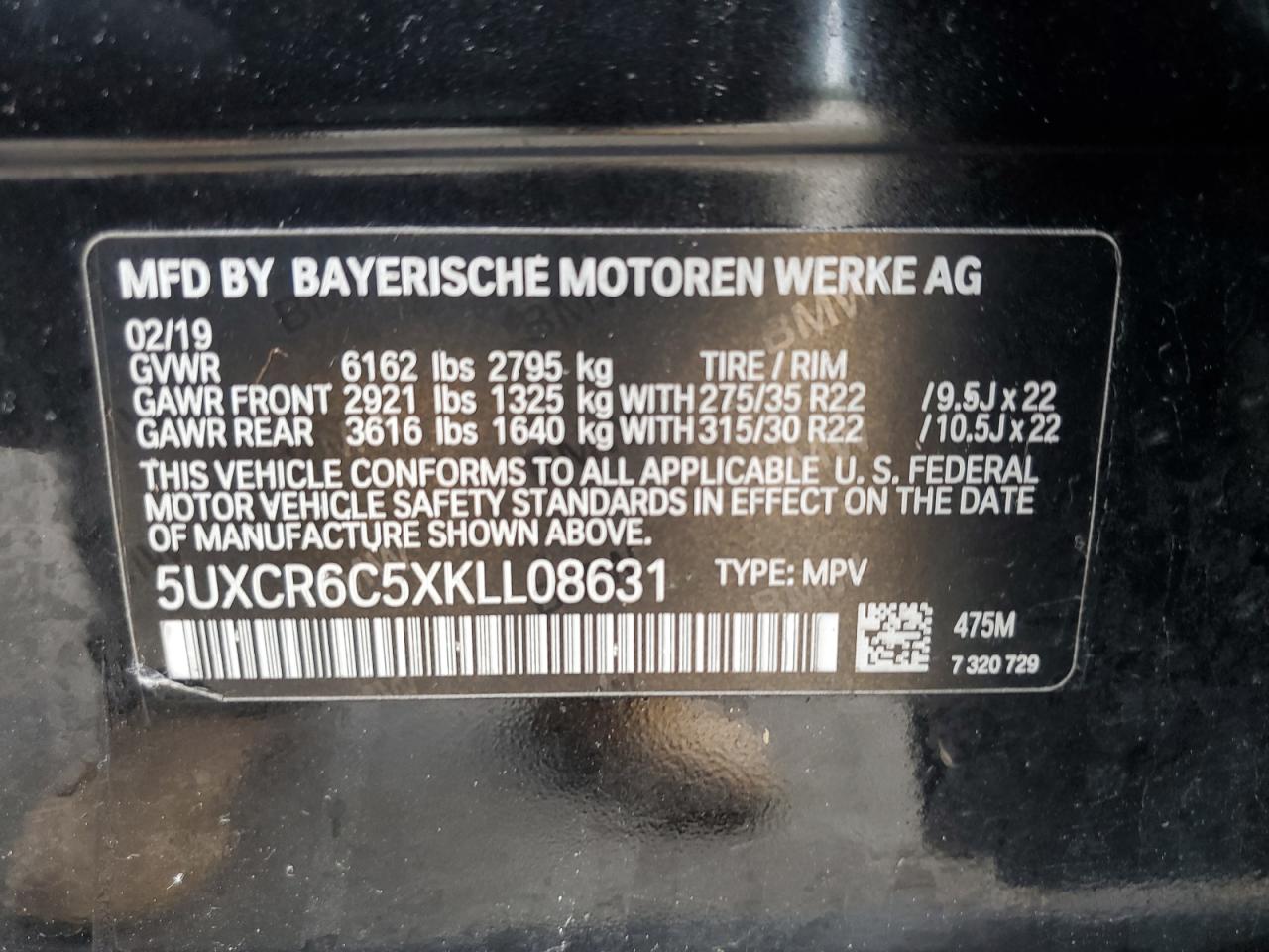 2019 BMW X5 xDrive40I VIN: 5UXCR6C5XKLL08631 Lot: 62505975