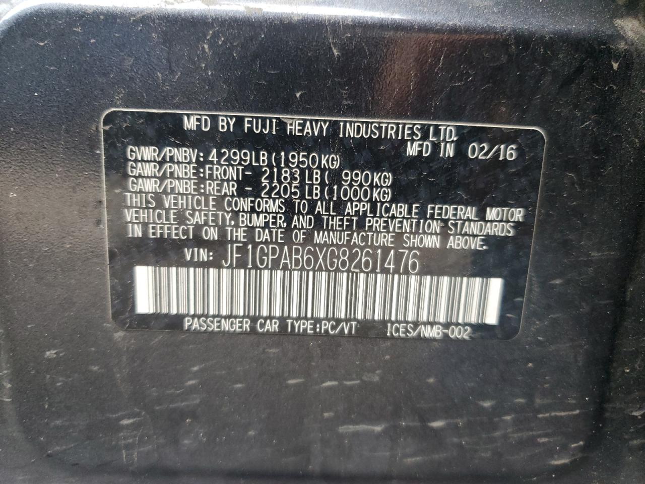 2016 Subaru Impreza Premium VIN: JF1GPAB6XG8261476 Lot: 65113735