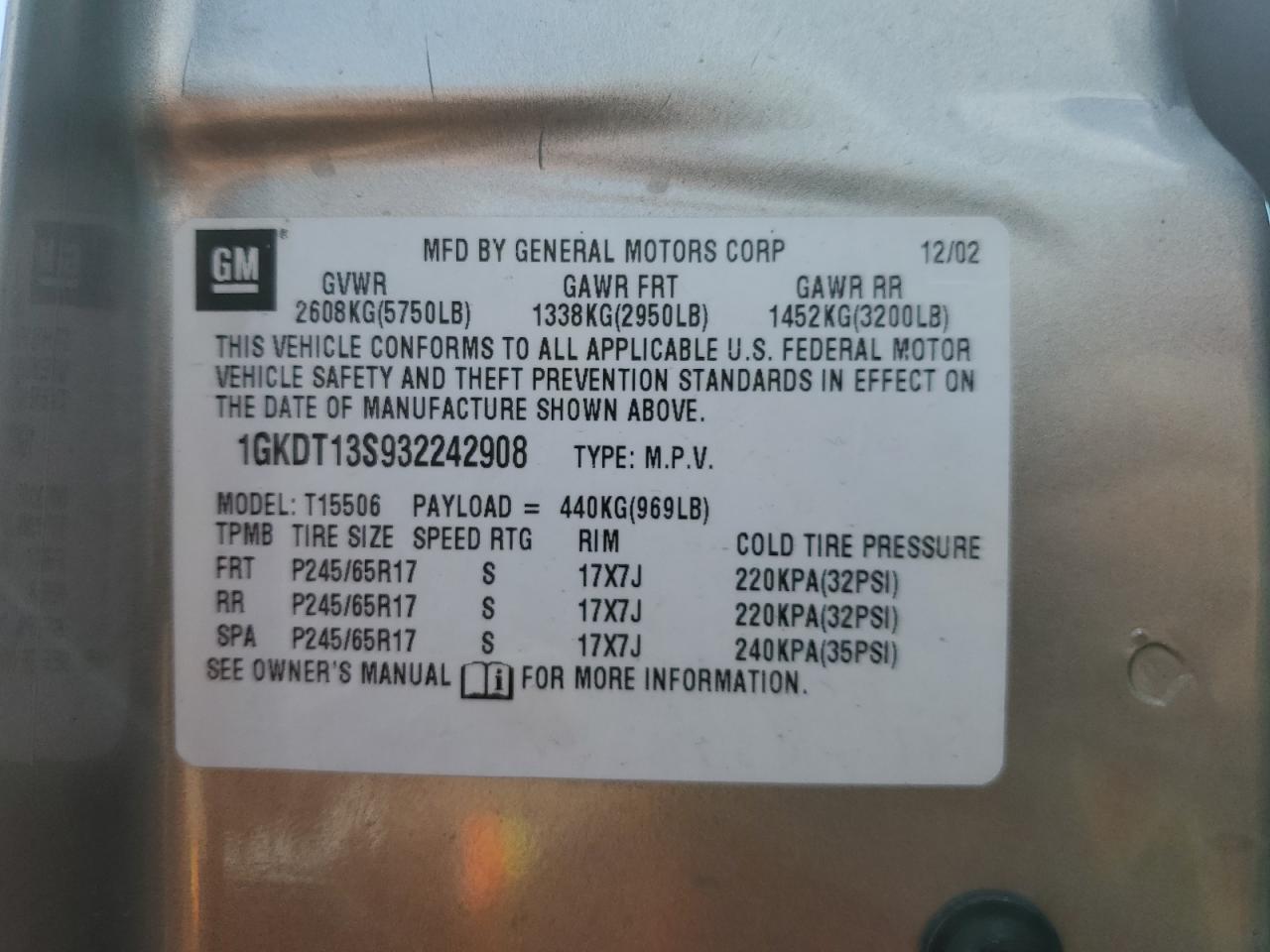 2003 GMC Envoy VIN: 1GKDT13S932242908 Lot: 65751735