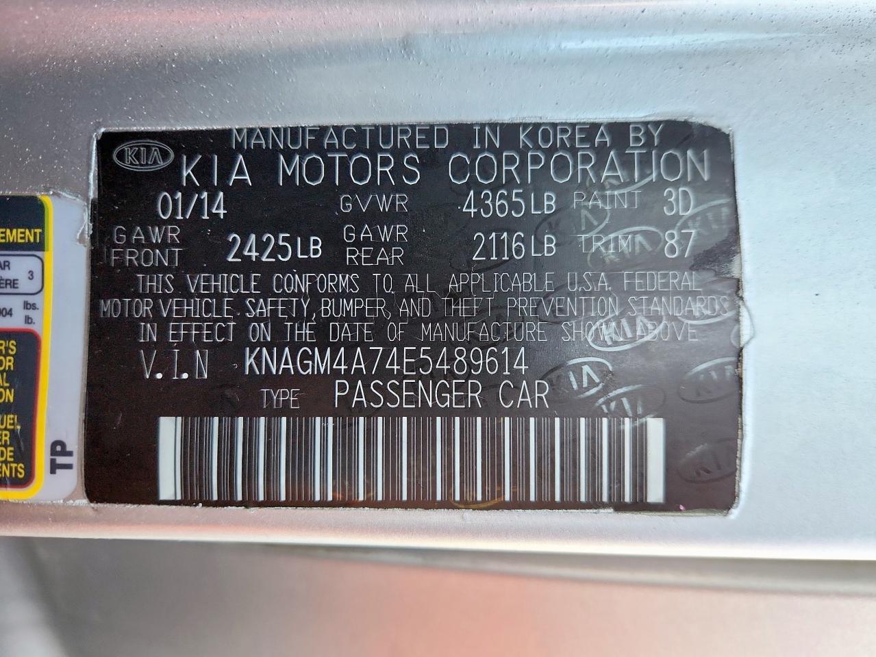 2014 Kia Optima Lx VIN: KNAGM4A74E5489614 Lot: 64683505