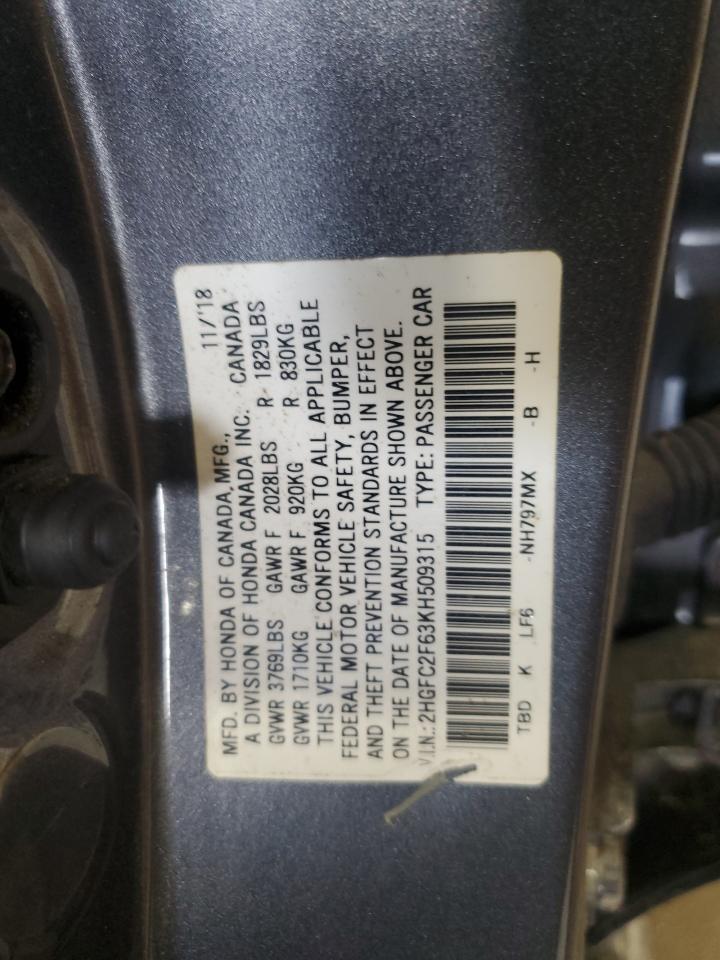 2019 Honda Civic Lx VIN: 2HGFC2F63KH509315 Lot: 64177795