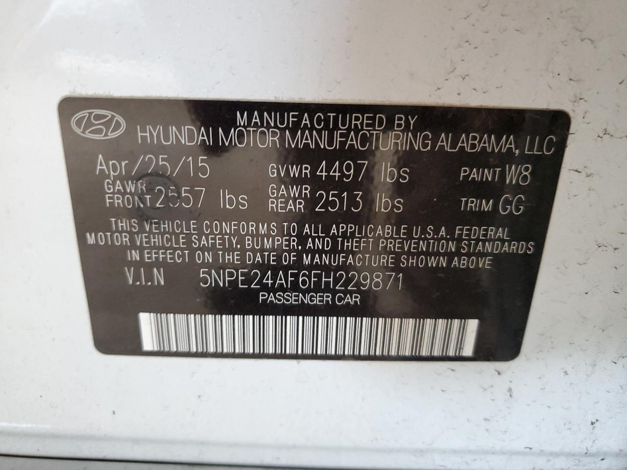 2015 Hyundai Sonata Se VIN: 5NPE24AF6FH229871 Lot: 65453965