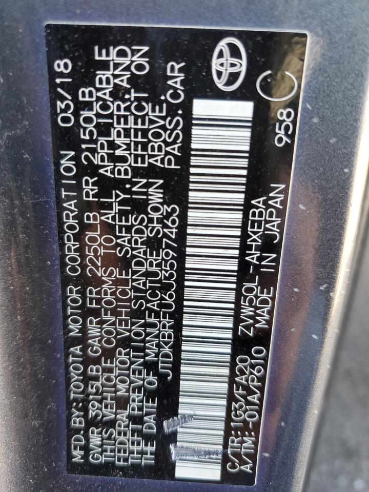 2018 Toyota Prius VIN: JTDKBRFU6J3597463 Lot: 63406155