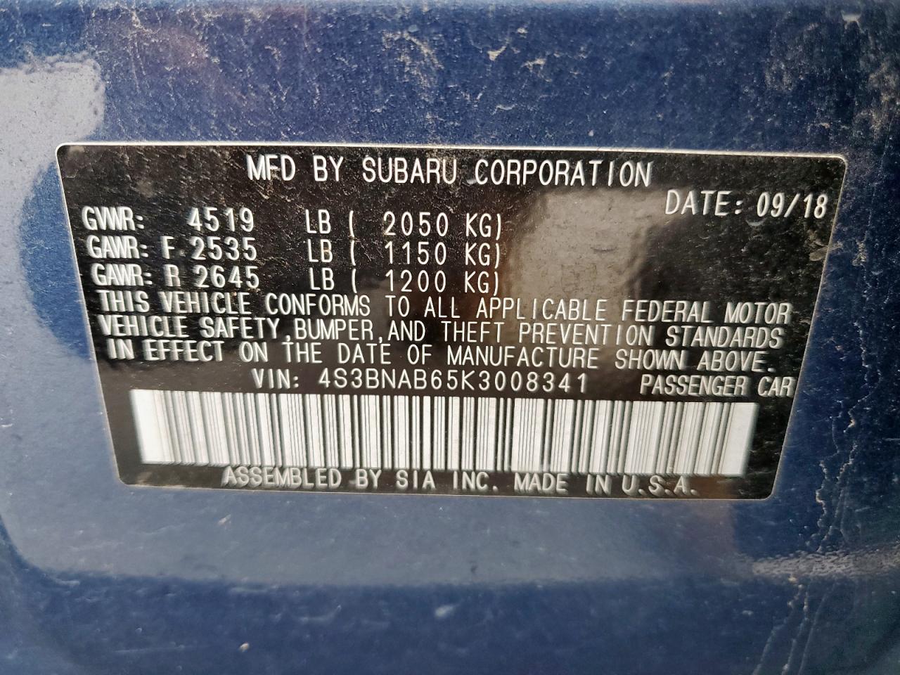 2019 Subaru Legacy 2.5I VIN: 4S3BNAB65K3008341 Lot: 64396075