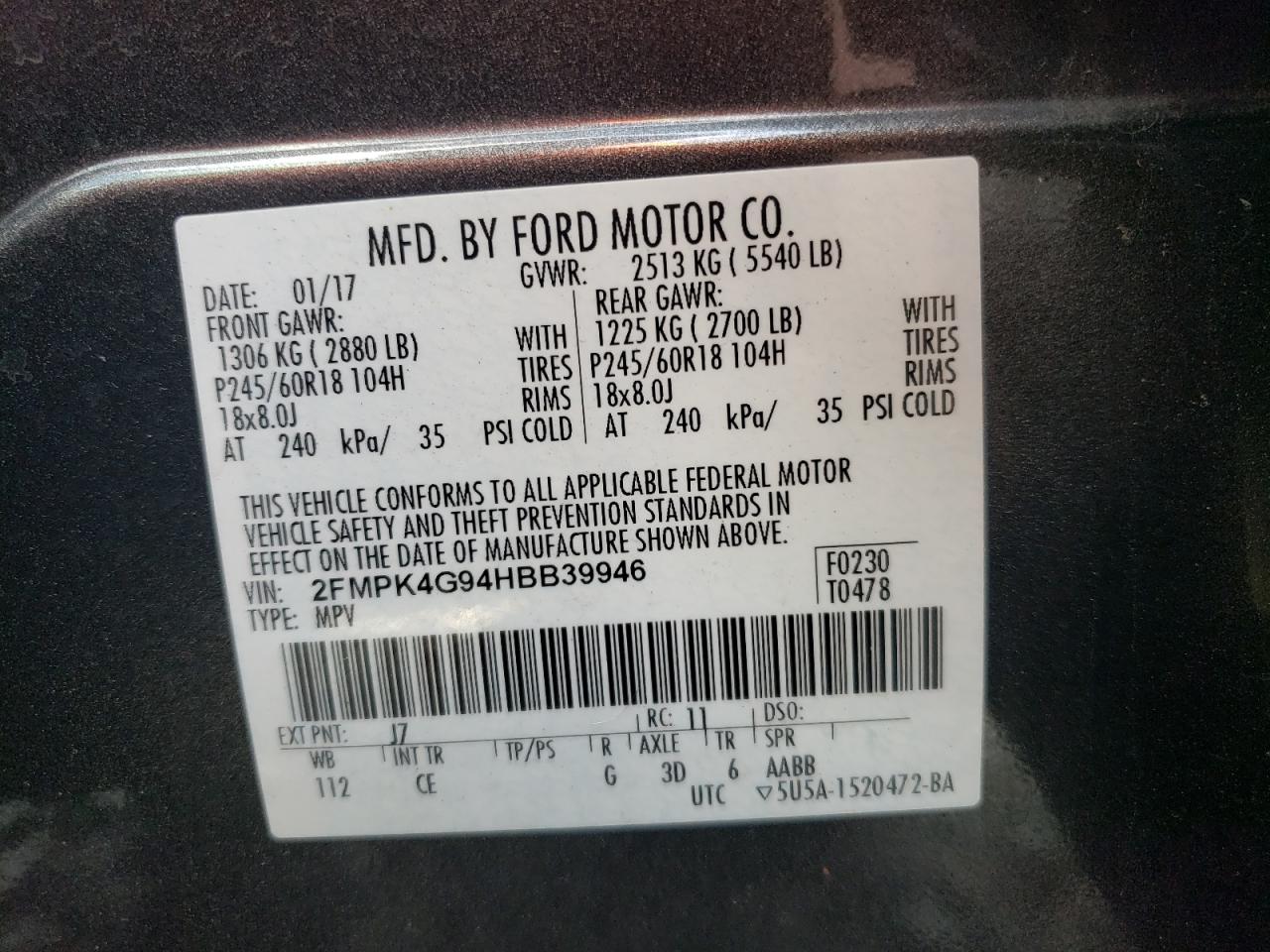 2017 Ford Edge Se VIN: 2FMPK4G94HBB39946 Lot: 64536505