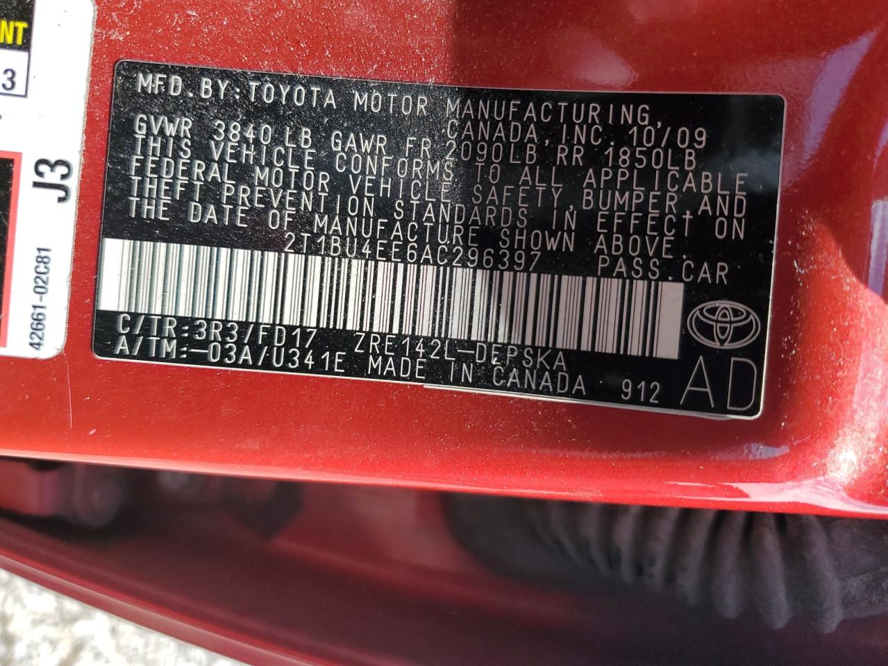 2010 Toyota Corolla Base VIN: 2T1BU4EE6AC296397 Lot: 65076265