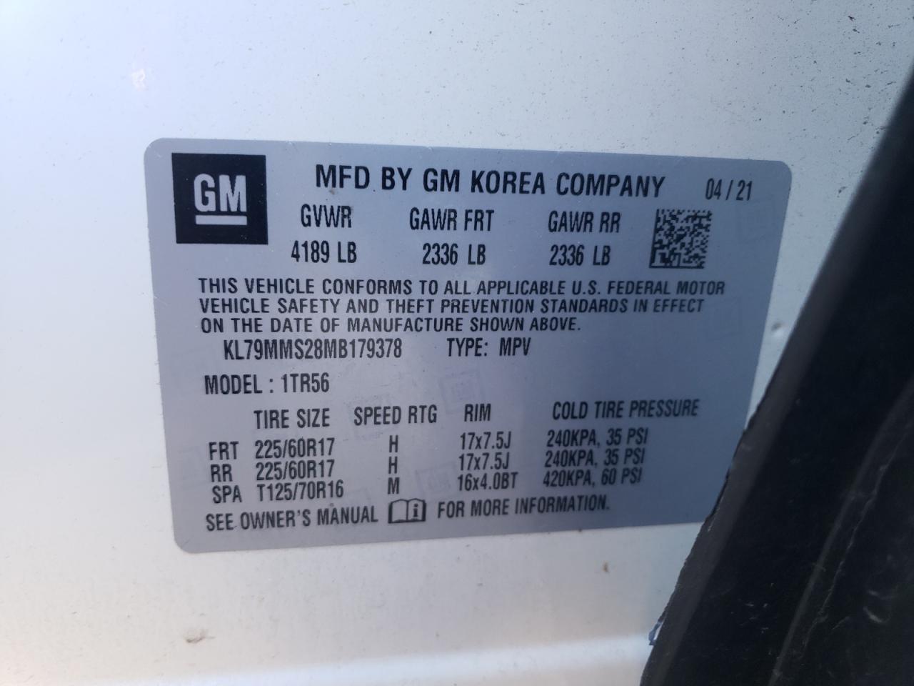 2021 Chevrolet Trailblazer Ls VIN: KL79MMS28MB179378 Lot: 63286515