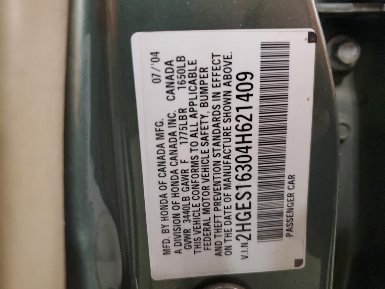 2004 Honda Civic Dx Vp VIN: 2HGES16304H621409 Lot: 64472075