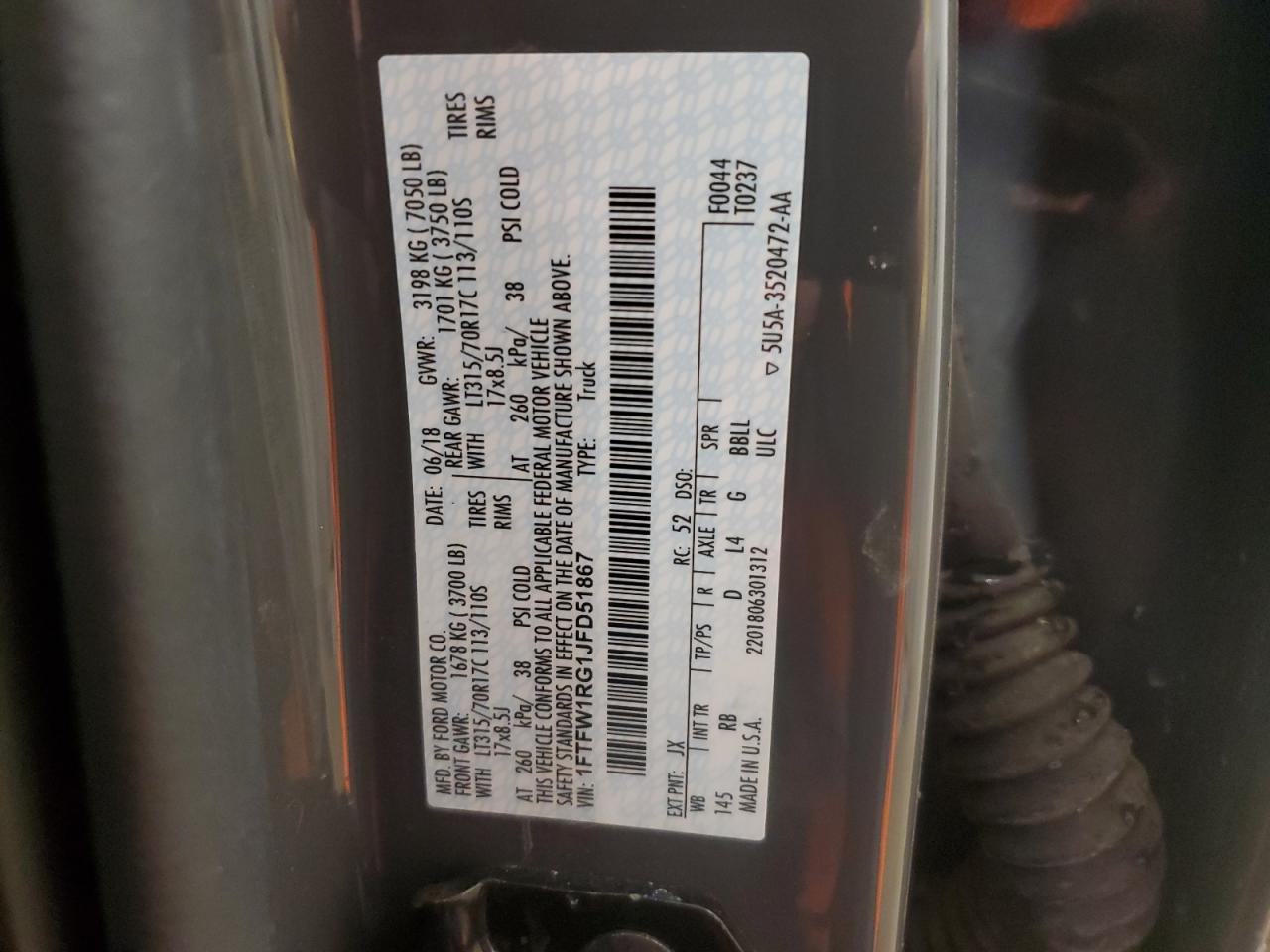 2018 Ford F150 Raptor VIN: 1FTFW1RG1JFD51867 Lot: 64859575