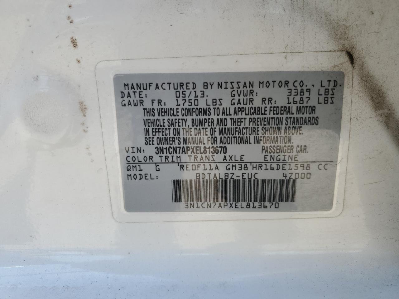 2014 Nissan Versa S VIN: 3N1CN7APXEL813670 Lot: 64274205