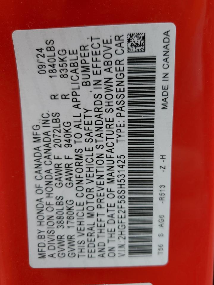 2025 Honda Civic Sport VIN: 2HGFE2F58SH531425 Lot: 64417815