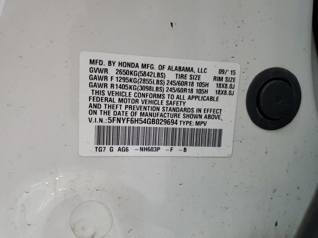 2016 Honda Pilot Exl VIN: 5FNYF6H54GB029694 Lot: 64772475