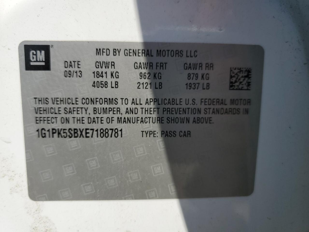 2014 Chevrolet Cruze Lt VIN: 1G1PK5SBXE7188781 Lot: 65510385