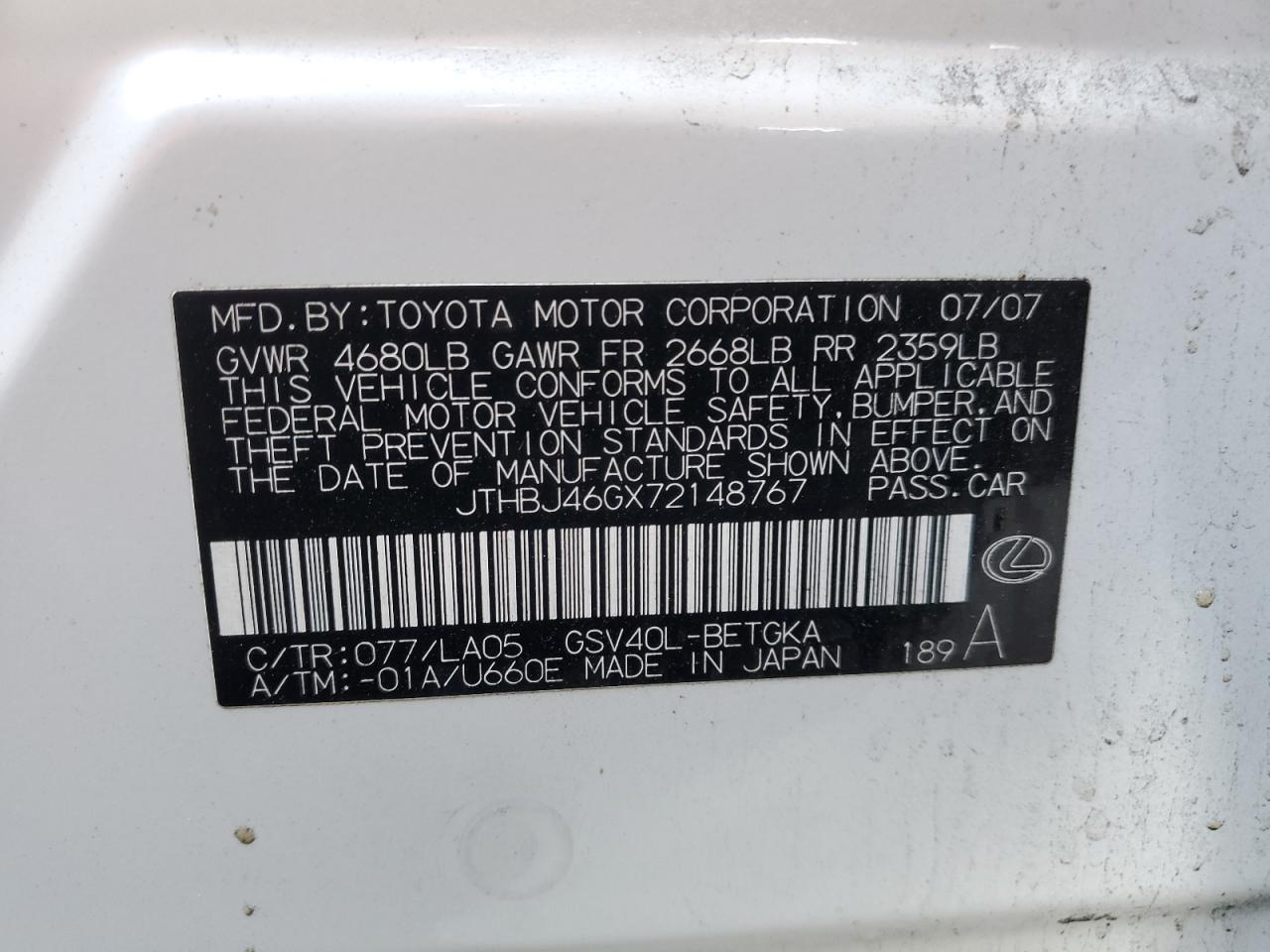 2007 Lexus Es 350 VIN: JTHBJ46GX72148767 Lot: 67109485