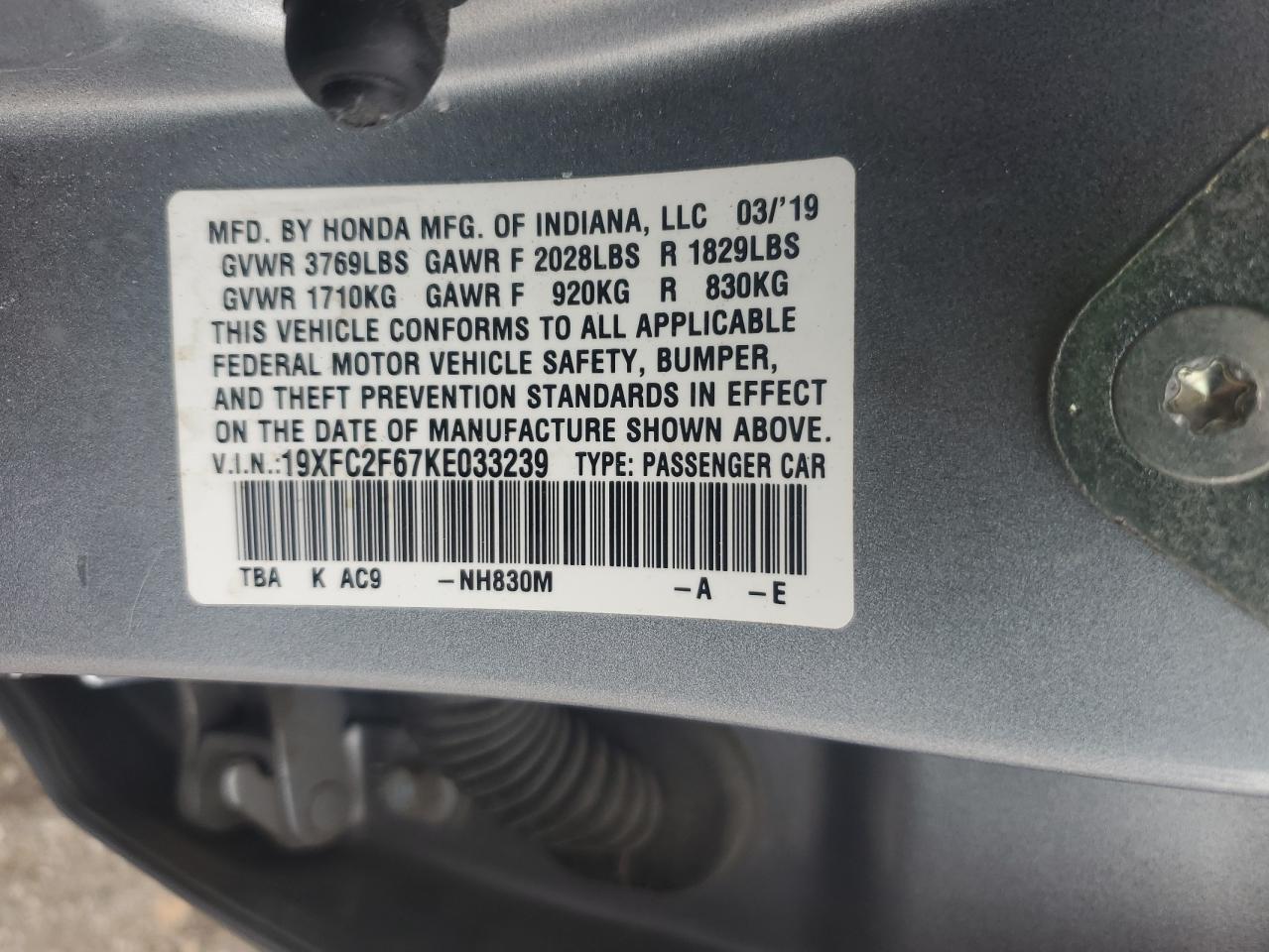 2019 Honda Civic Lx VIN: 19XFC2F67KE033239 Lot: 66720825