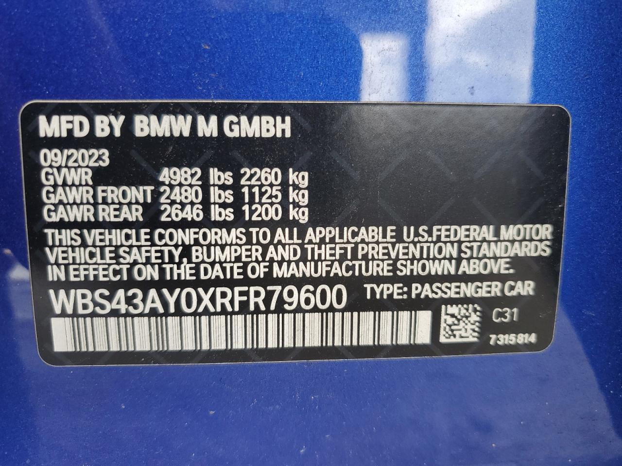 2024 BMW M3 Competition VIN: WBS43AY0XRFR79600 Lot: 66275585