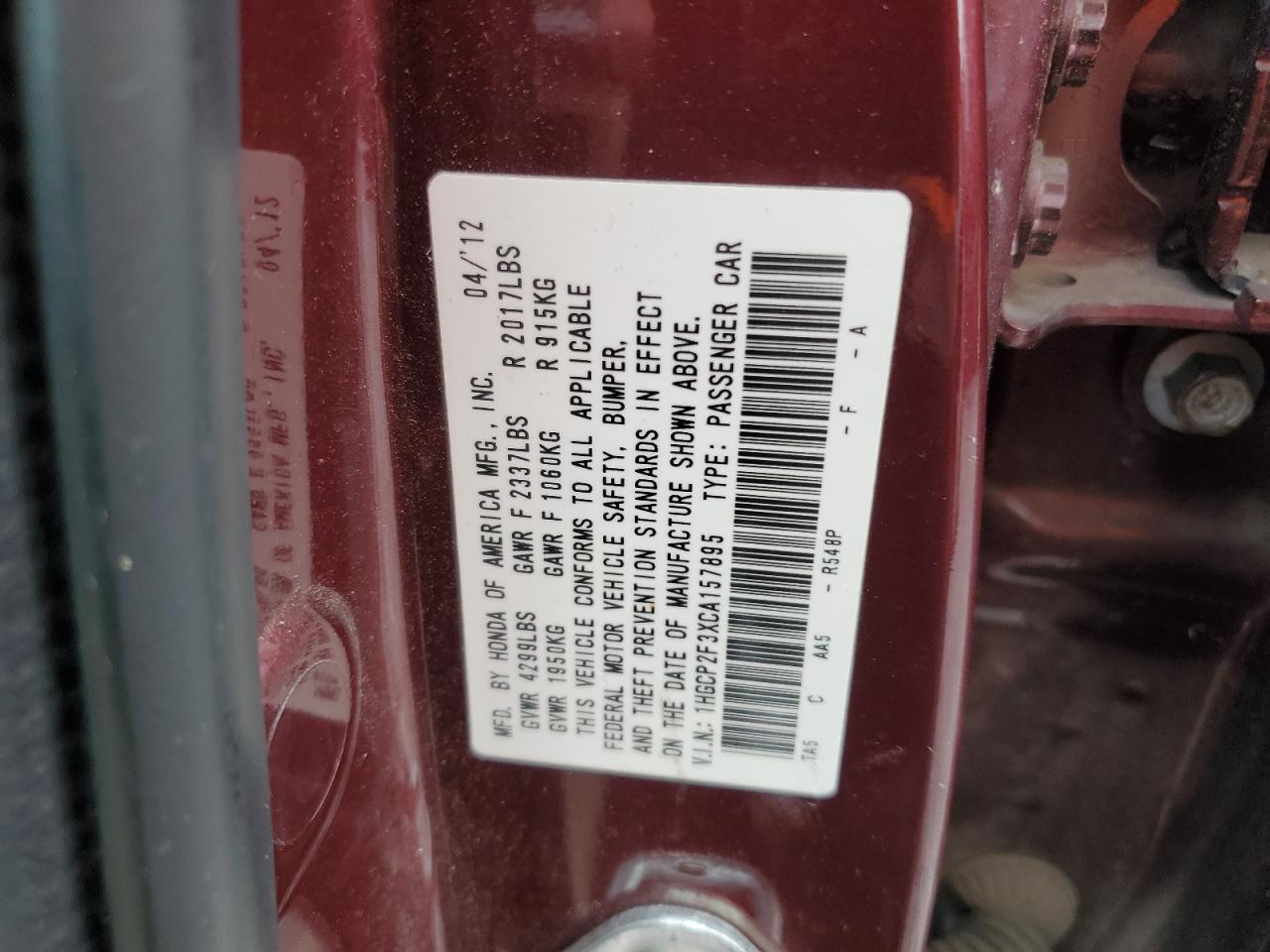 2012 Honda Accord Lx VIN: 1HGCP2F3XCA157895 Lot: 65565465