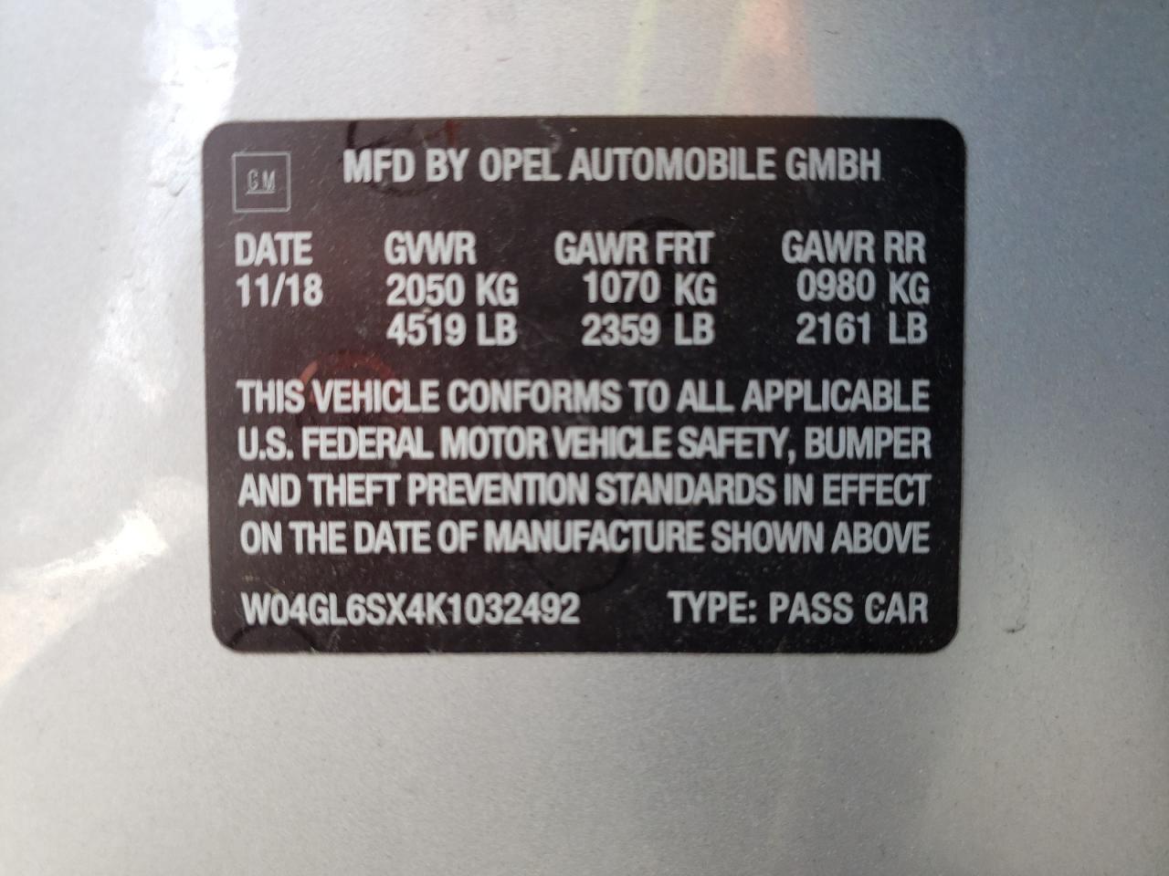 2019 Buick Regal Preferred VIN: W04GL6SX4K1032492 Lot: 63990095