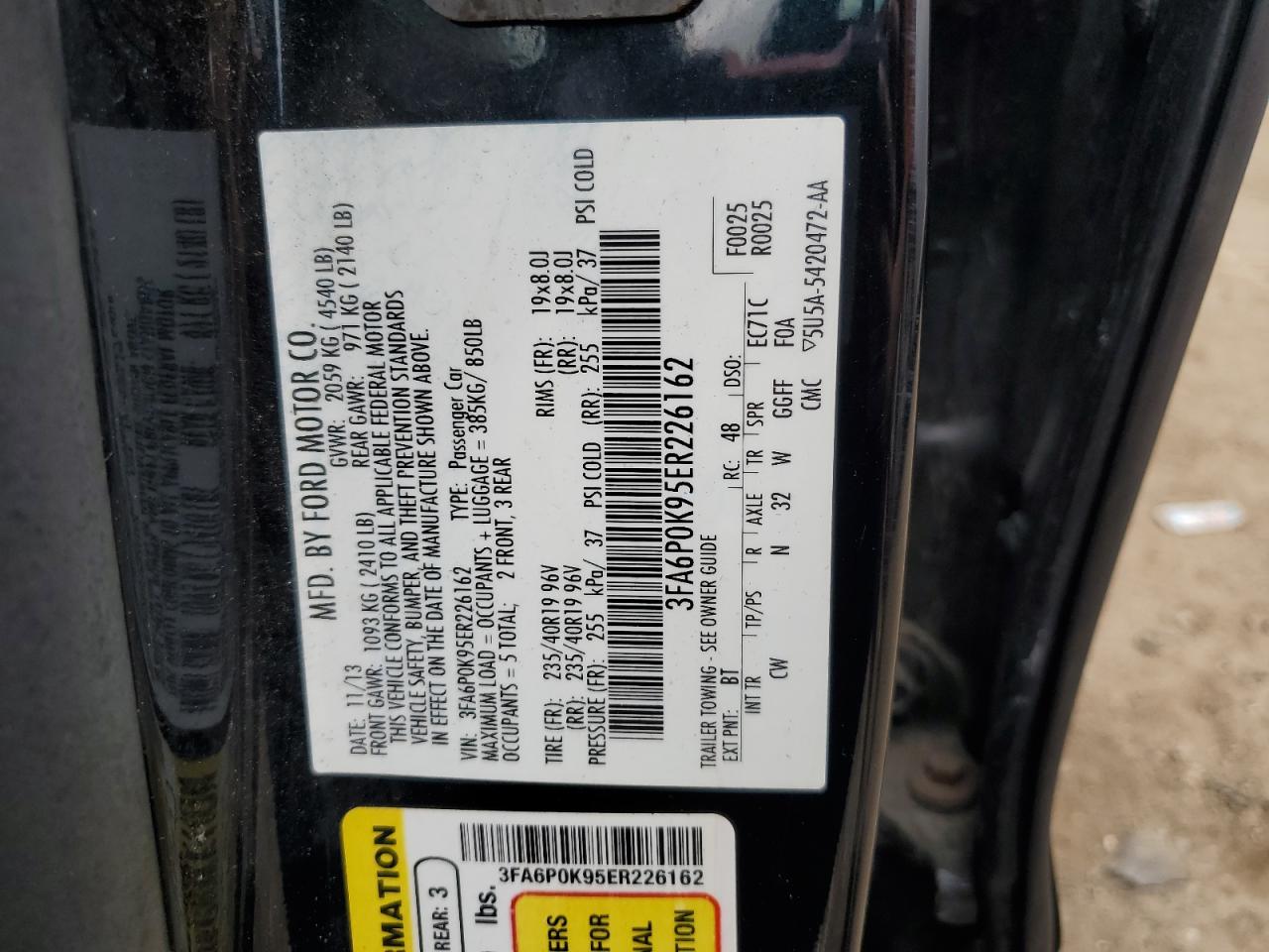 2014 Ford Fusion Titanium VIN: 3FA6P0K95ER226162 Lot: 63370105