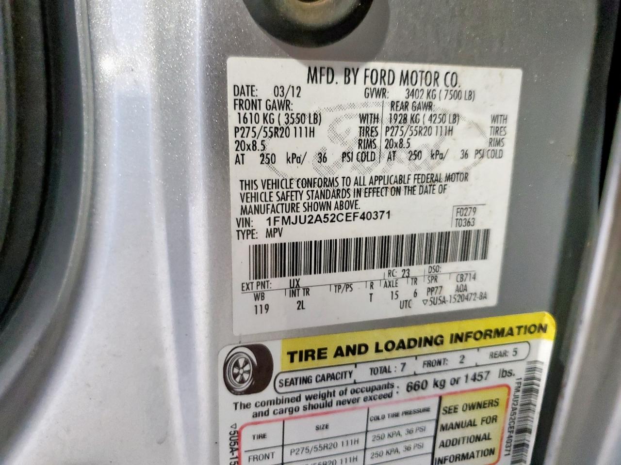 2012 Ford Expedition Limited VIN: 1FMJU2A52CEF40371 Lot: 65797175