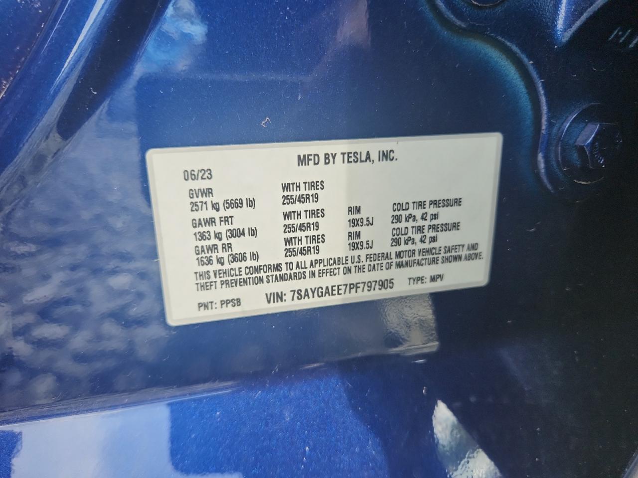 2023 Tesla Model Y VIN: 7SAYGAEE7PF797905 Lot: 65114325