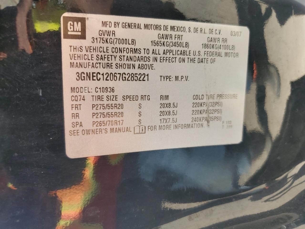 2007 Chevrolet Avalanche C1500 VIN: 3GNEC12067G285221 Lot: 65916715