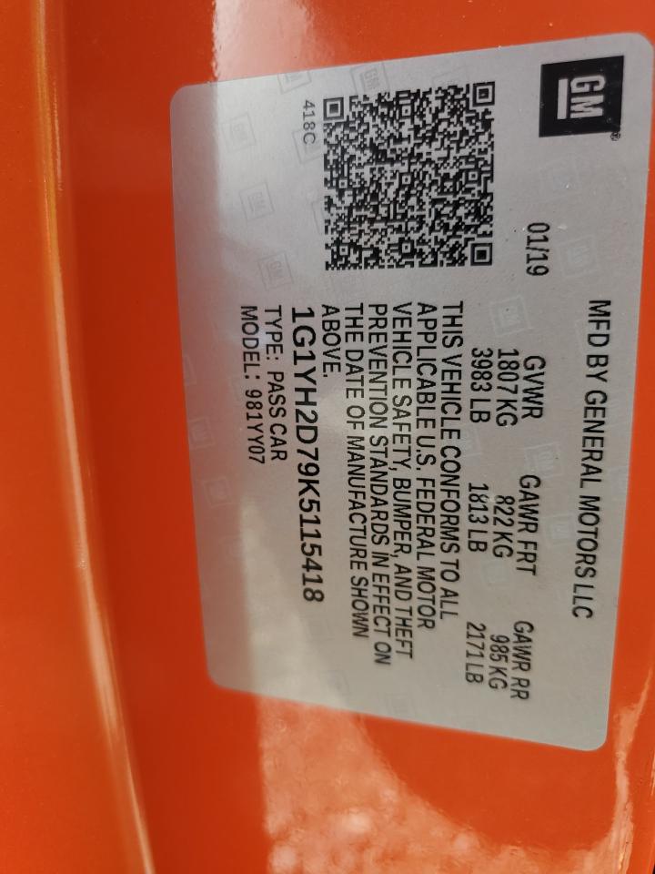 2019 Chevrolet Corvette Stingray Z51 1Lt VIN: 1G1YH2D79K5115418 Lot: 65183545
