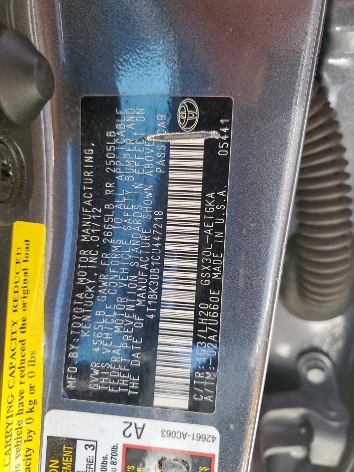 2012 Toyota Avalon Base VIN: 4T1BK3DB1CU447218 Lot: 64106645