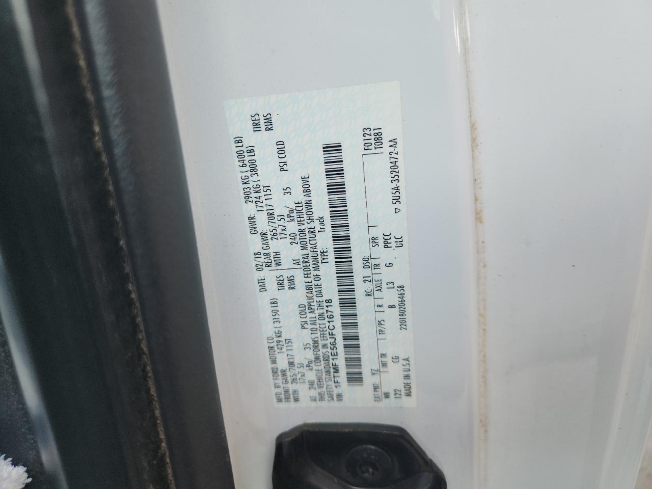 2018 Ford F150 VIN: 1FTMF1E56JFC16718 Lot: 65684765