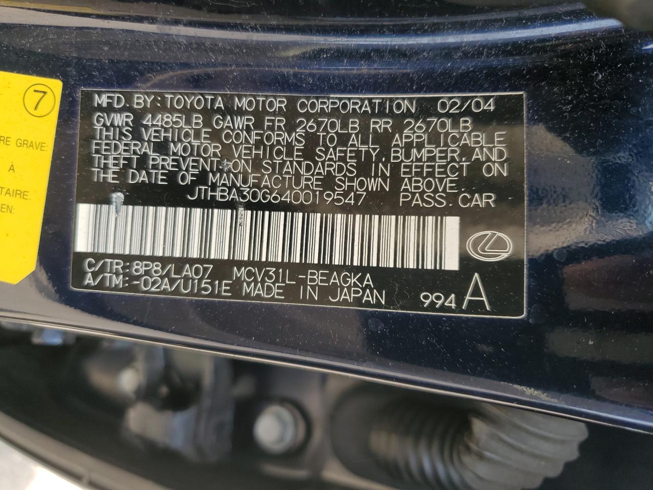 2004 Lexus Es 330 VIN: JTHBA30G640019547 Lot: 65280515