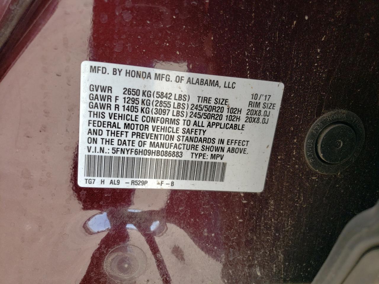 2017 Honda Pilot Elite VIN: 5FNYF6H09HB086883 Lot: 66407965