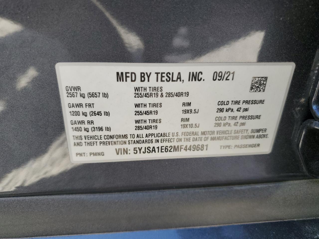 2021 Tesla Model S VIN: 5YJSA1E62MF449681 Lot: 65079905