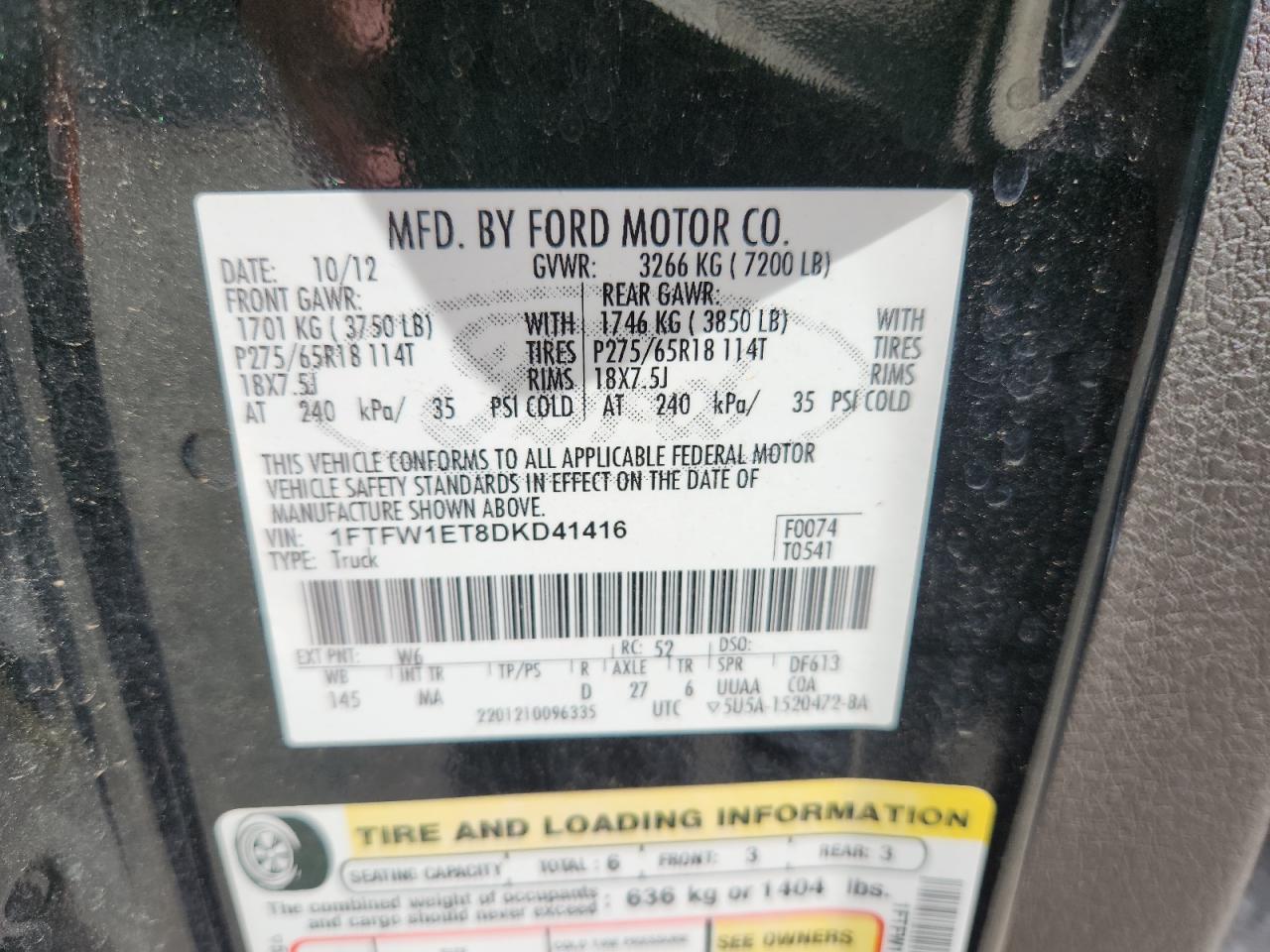 2013 Ford F150 Supercrew VIN: 1FTFW1ET8DKD41416 Lot: 64066495